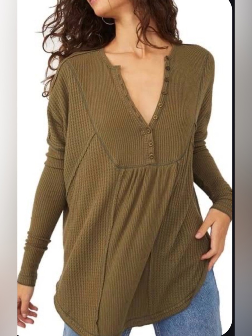 FREE PEOPLE Leo Henley M Olive Button-Front Women's Long Sleeve Top